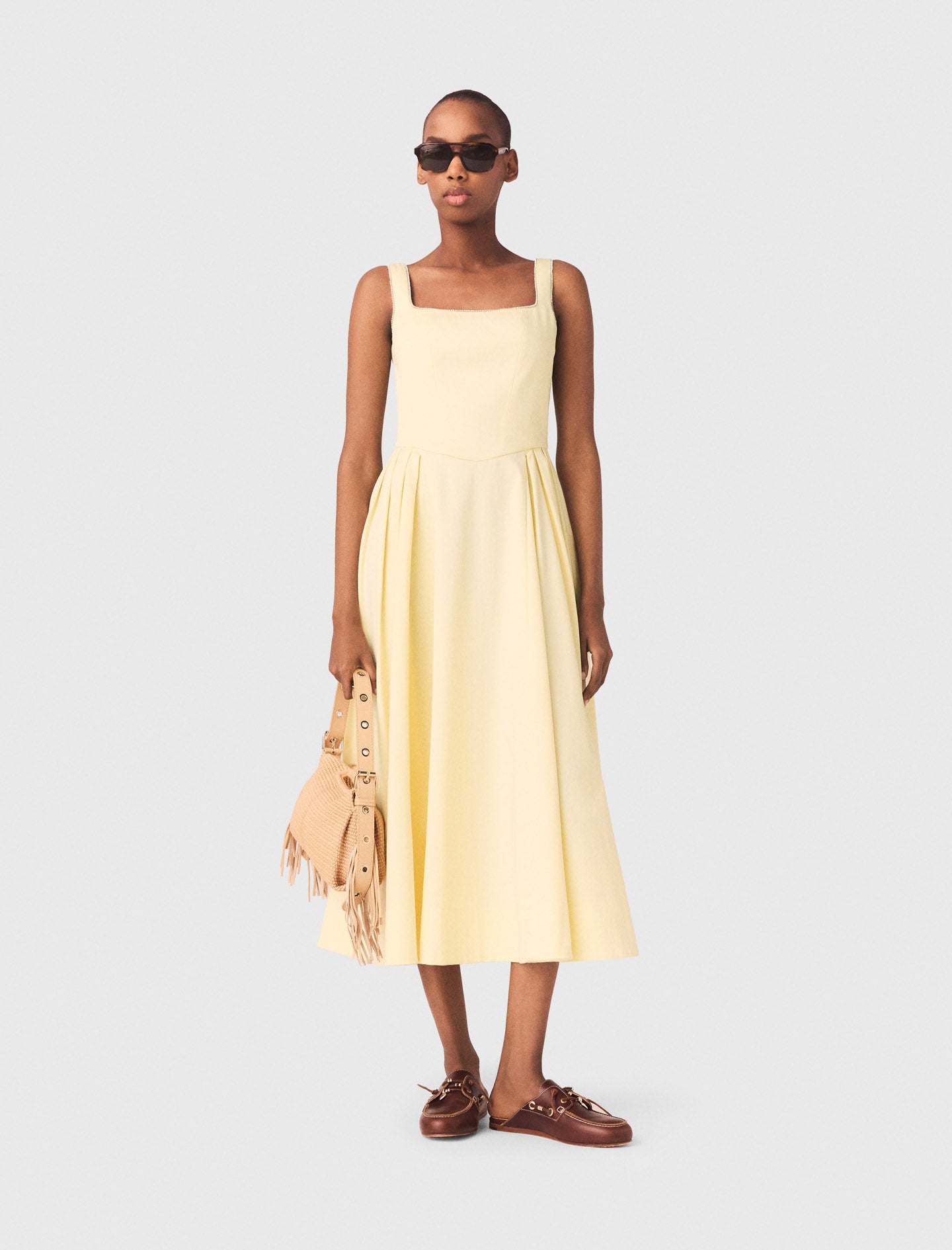 Flared rhinestone-trim midi dress Pale Yellow