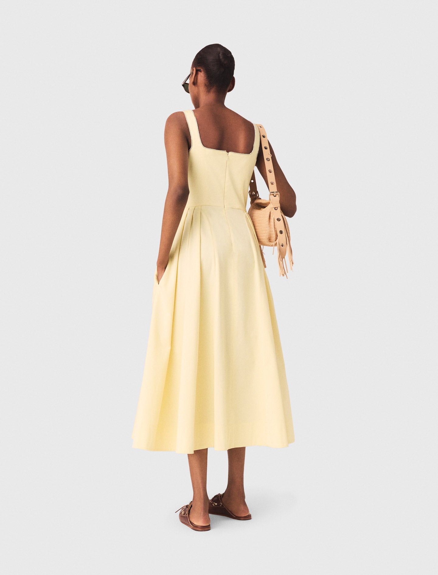 Flared rhinestone-trim midi dress Pale Yellow