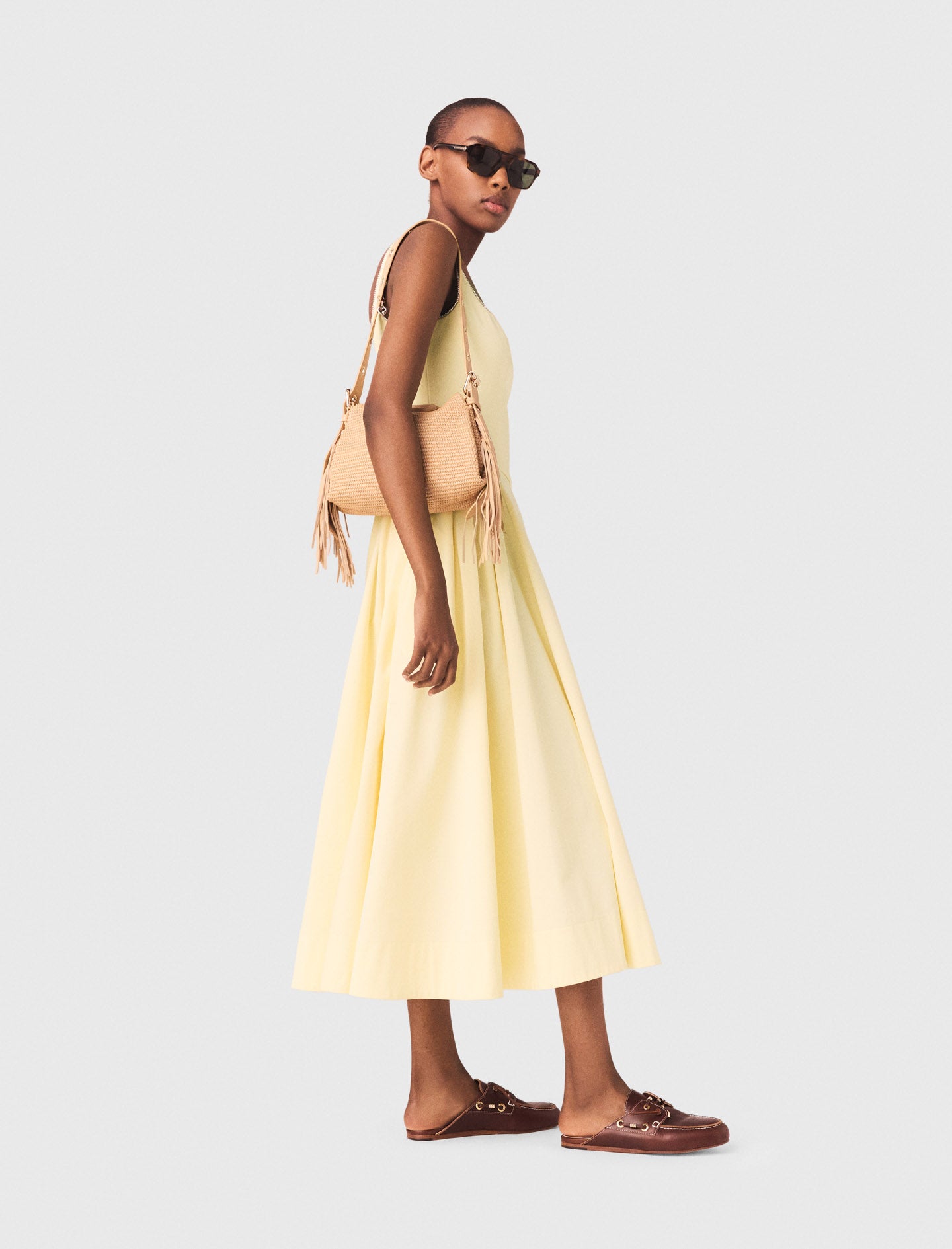 Flared rhinestone-trim midi dress Pale Yellow
