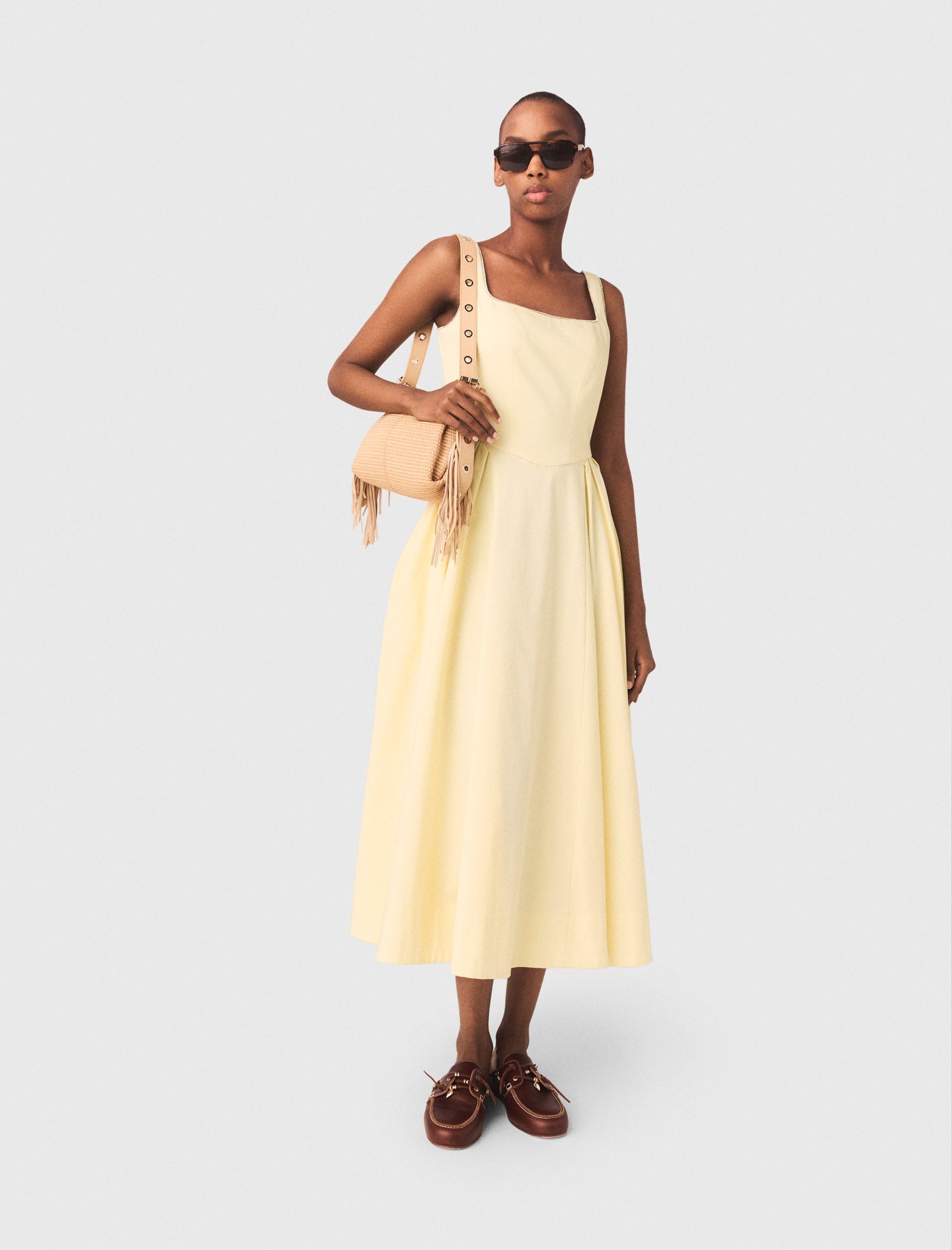 Flared rhinestone-trim midi dress Pale Yellow