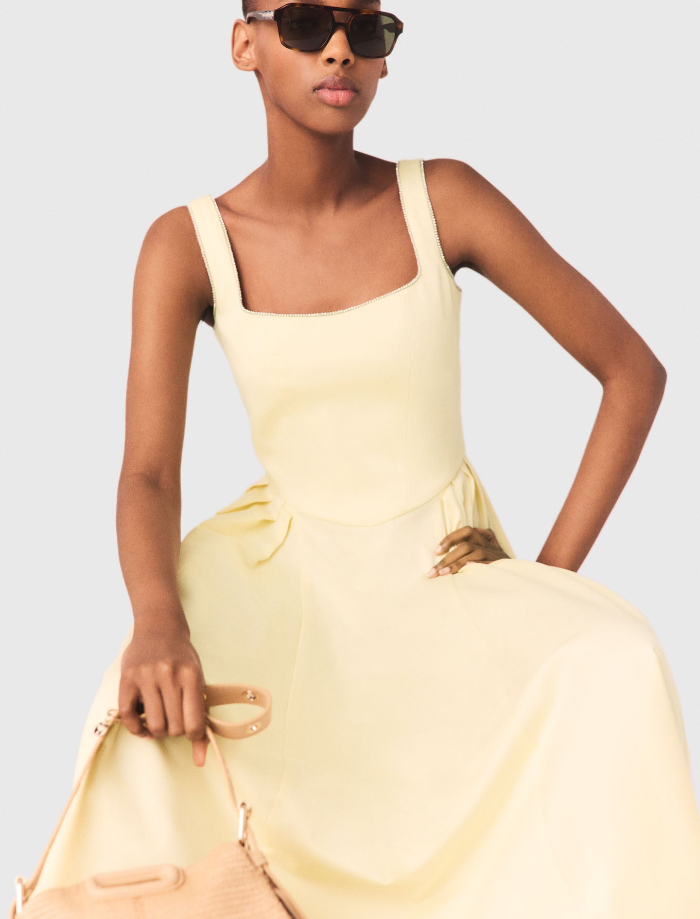 Flared rhinestone-trim midi dress Pale Yellow