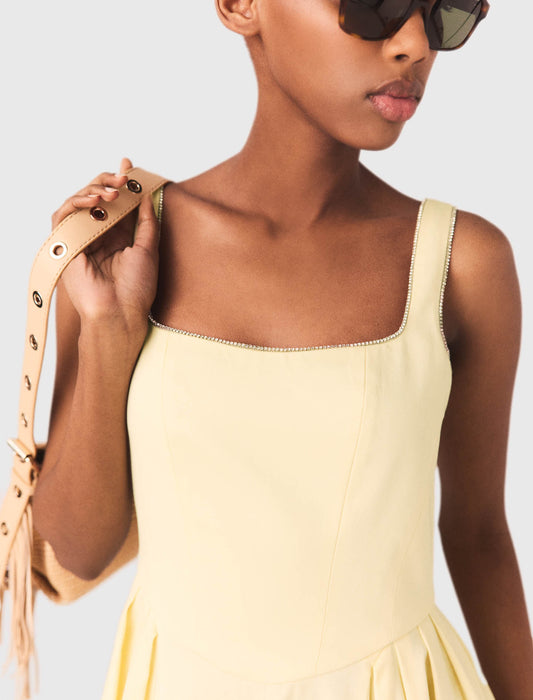Flared rhinestone-trim midi dress Pale Yellow