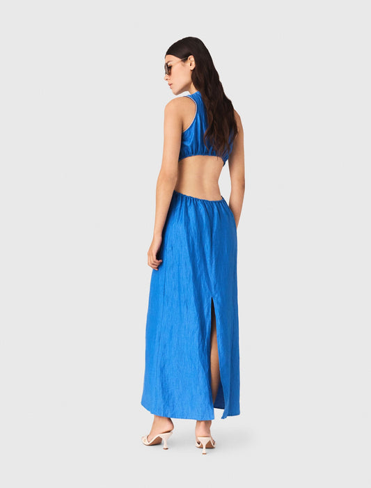 Backless Linen-Blend Midi Dress Blue