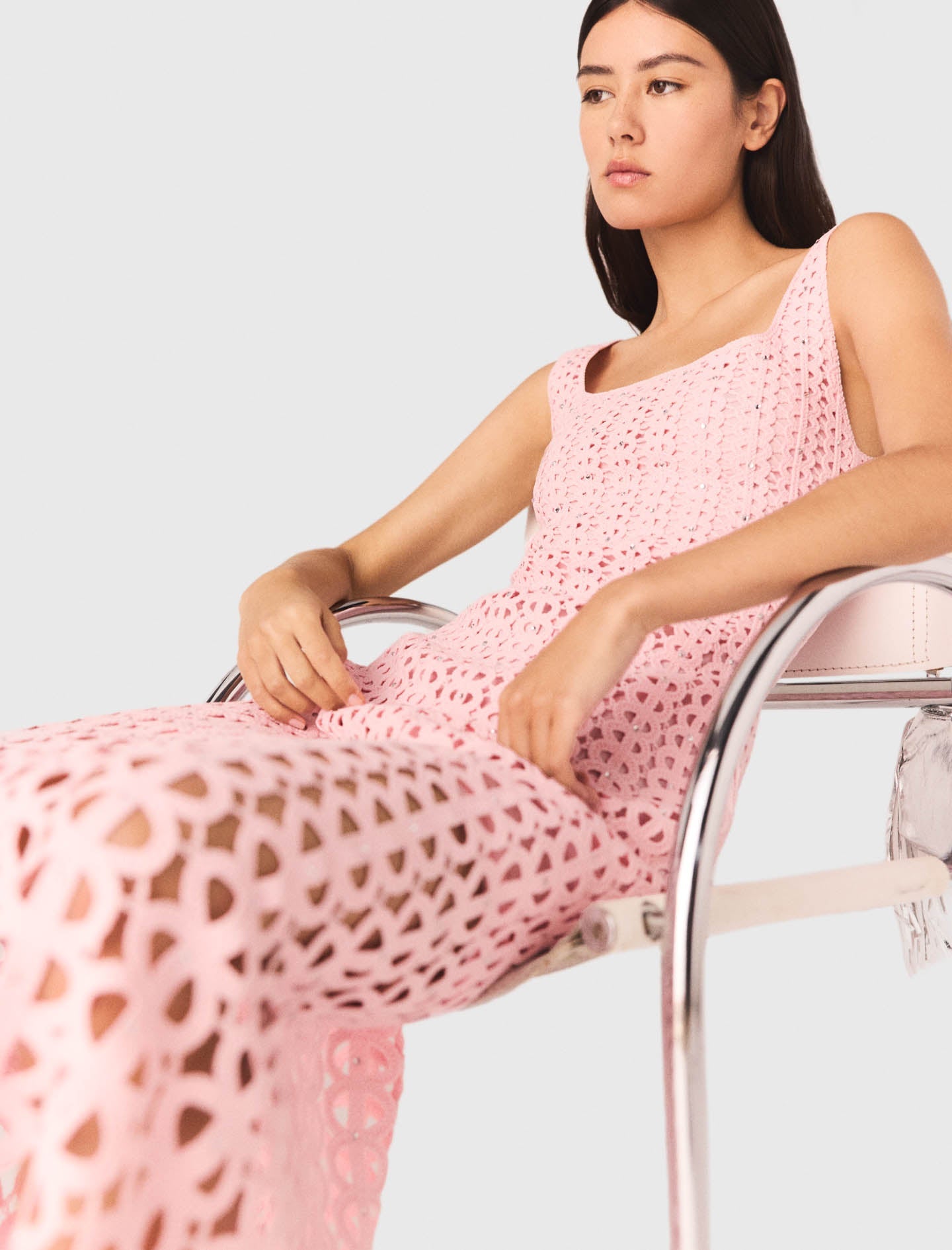 Rhinestone Crochet Midi Dress Pink