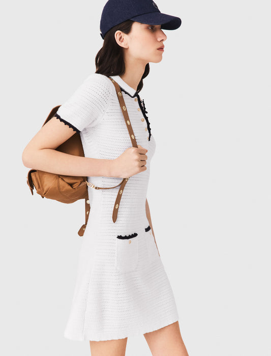 Knit polo dress with crochet White