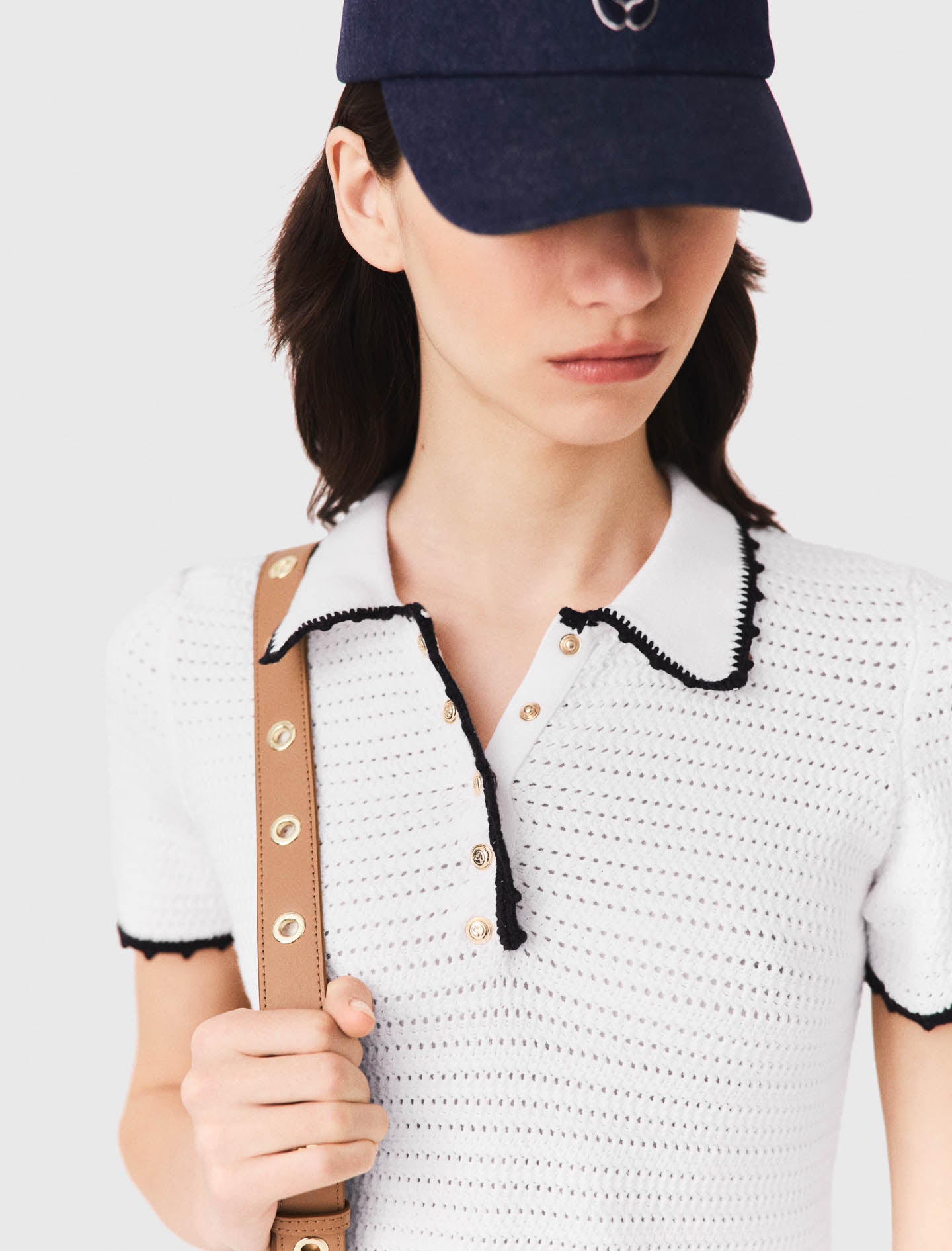 Knit polo dress with crochet White