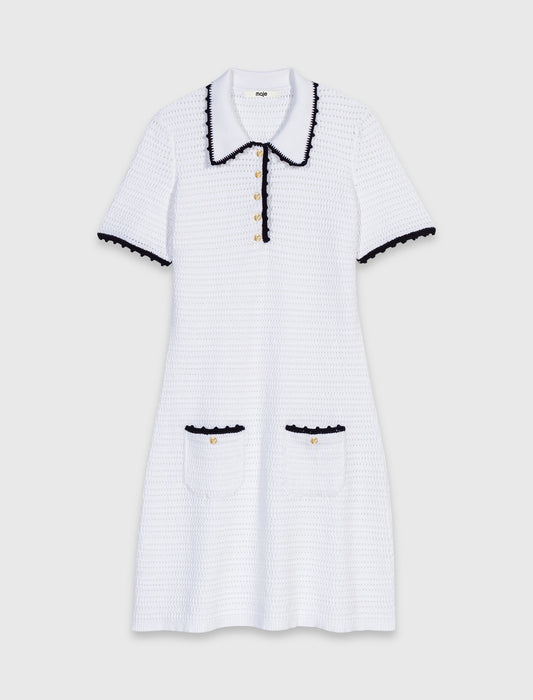 Knit polo dress with crochet White