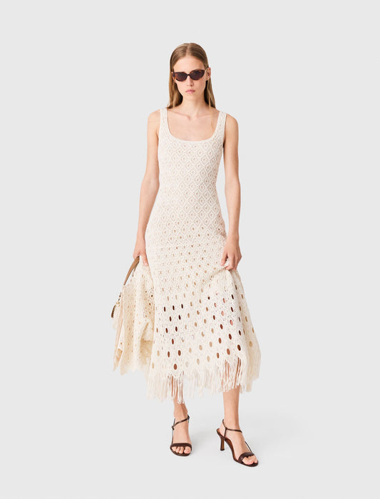 Fringed crochet maxi dress Ecru