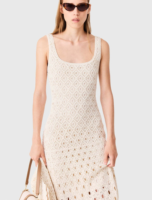 Fringed crochet maxi dress Ecru