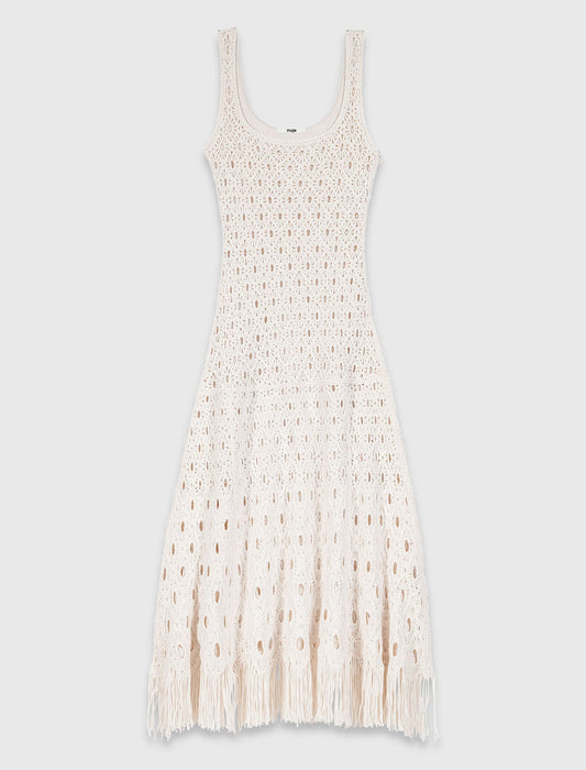 Fringed crochet maxi dress Ecru