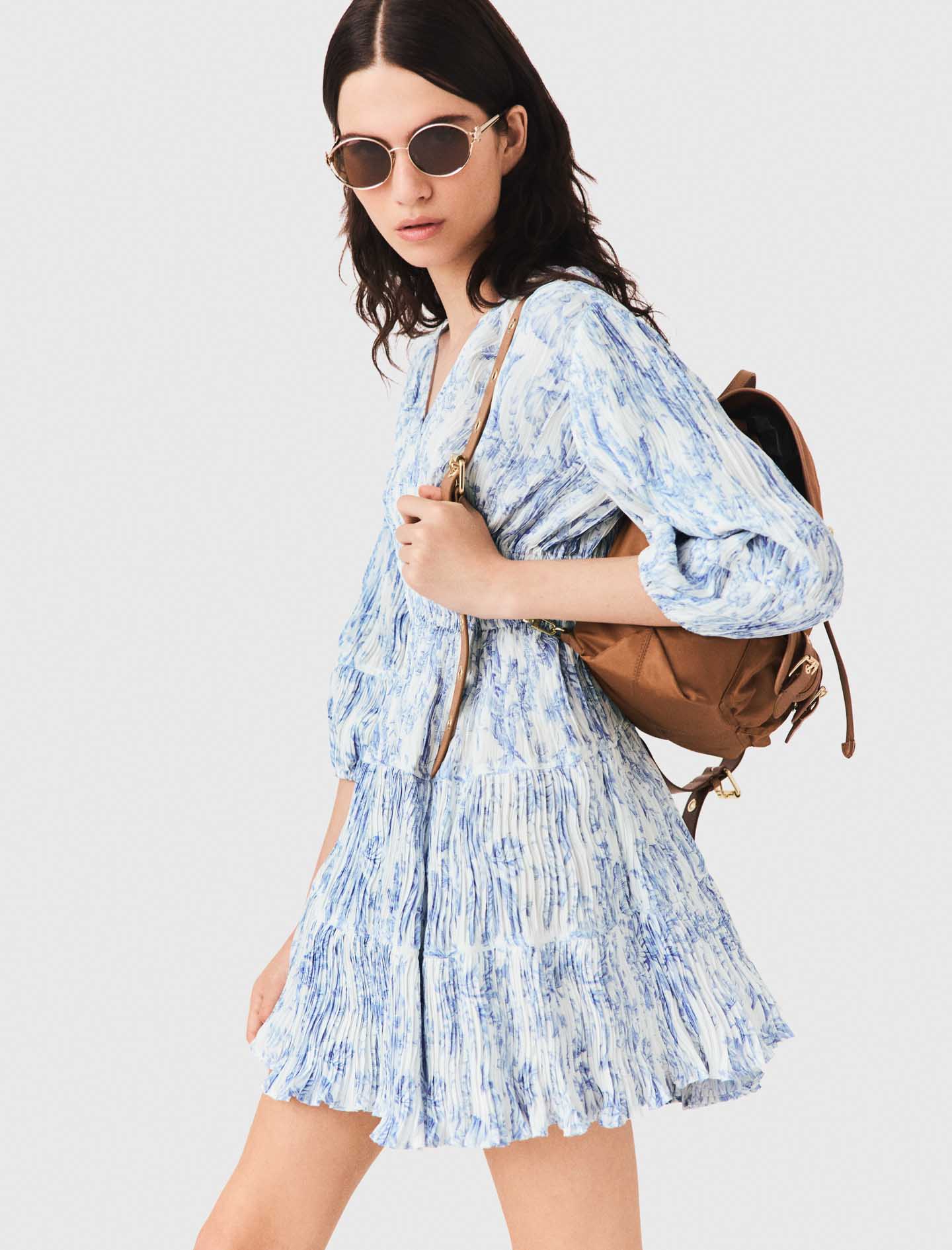 Patterned pleated dress Sky Blue Large Flowers Print