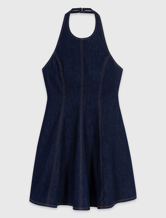 Short denim dress with brooch Navy