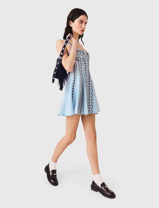 Short embroidered linen-blend dress Blue