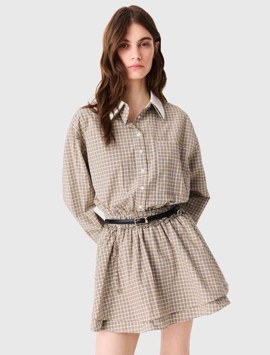 Short rhinestone checked dress Beige