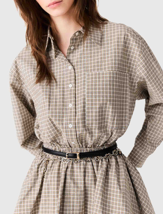 Short rhinestone checked dress Beige