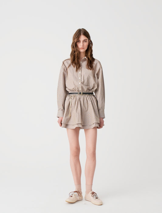 Short rhinestone checked dress Beige