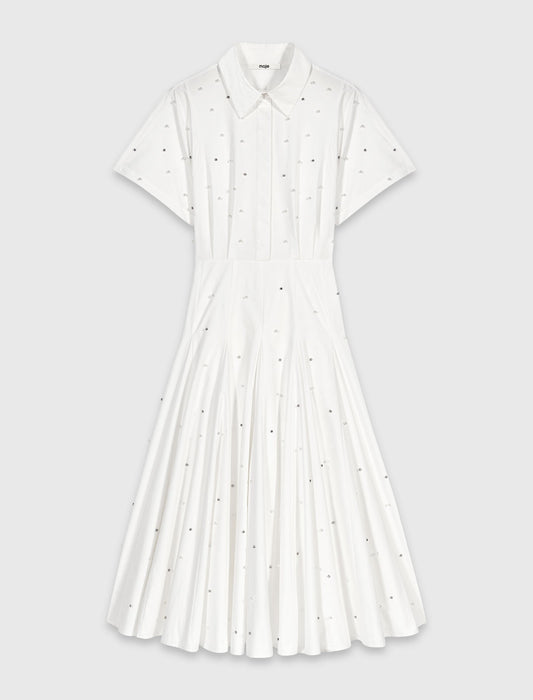 Beaded and rhinestone shirt dress White