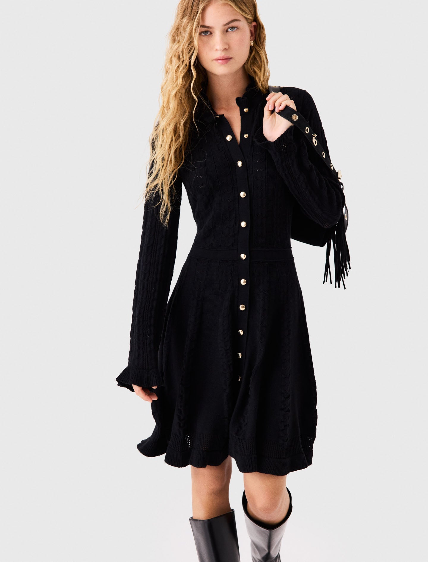 Short knit dress with buttons Black
