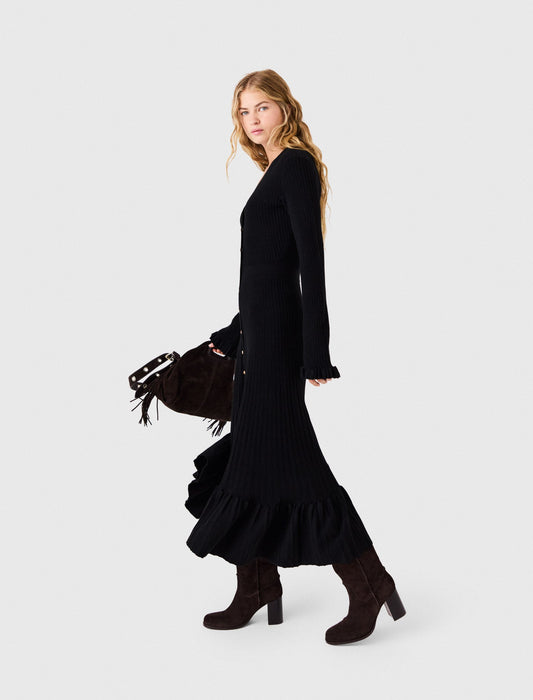 Ruffled knit maxi dress Black