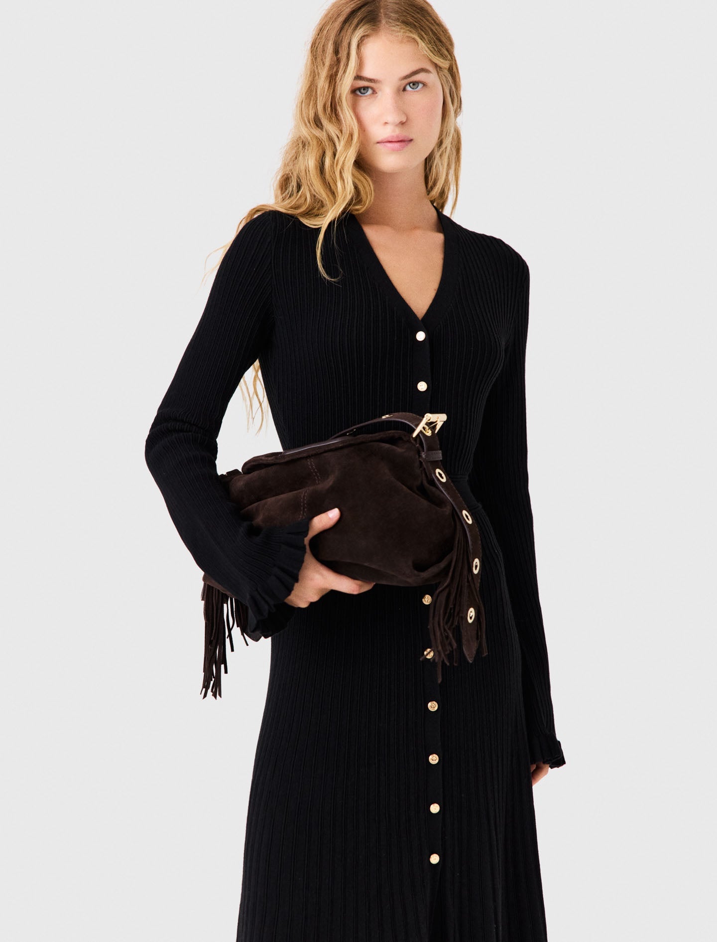 Ruffled knit maxi dress Black