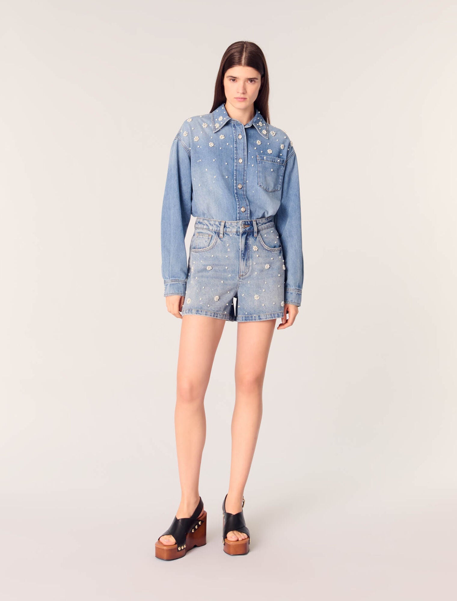 Blue-featured-Denim Shorts With Embroidered Beads