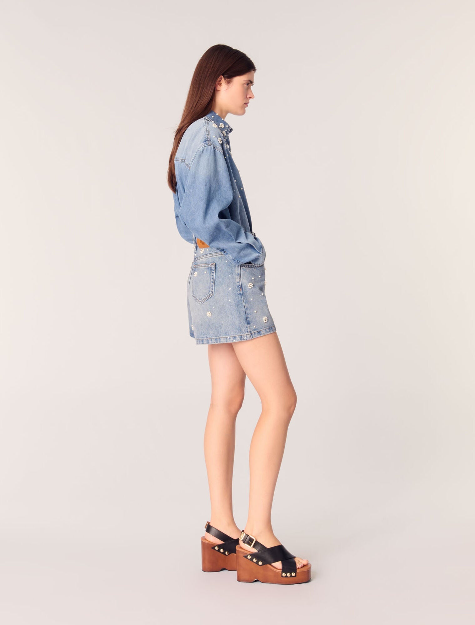 Blue-Denim Shorts With Embroidered Beads