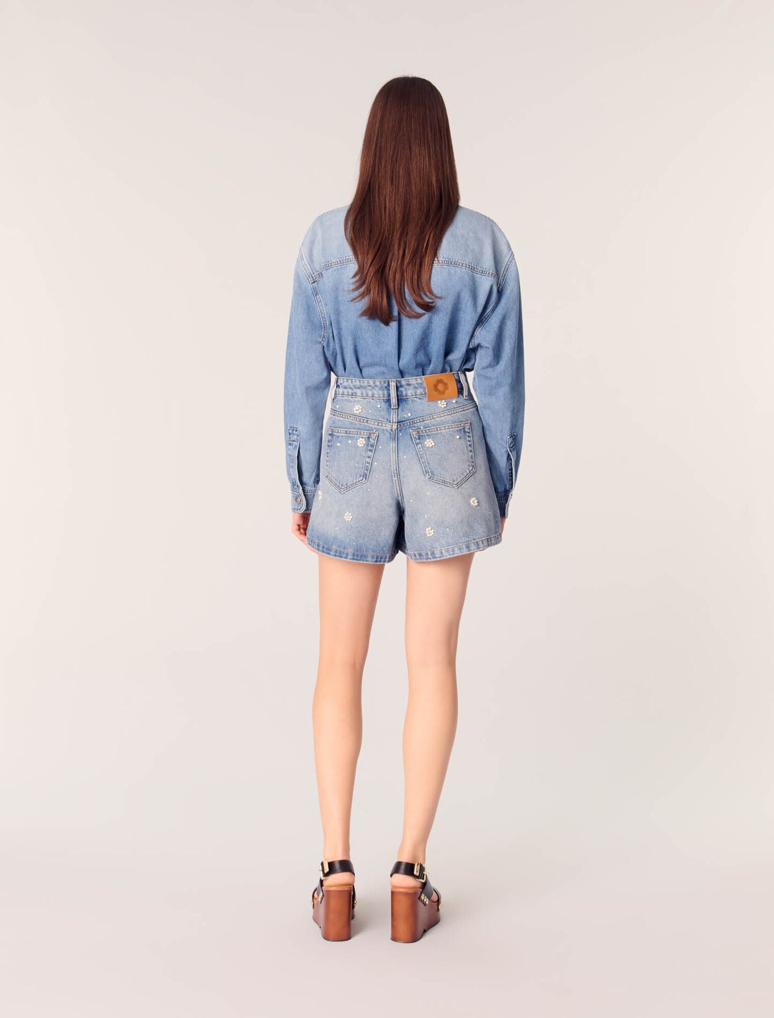 Blue-Denim Shorts With Embroidered Beads