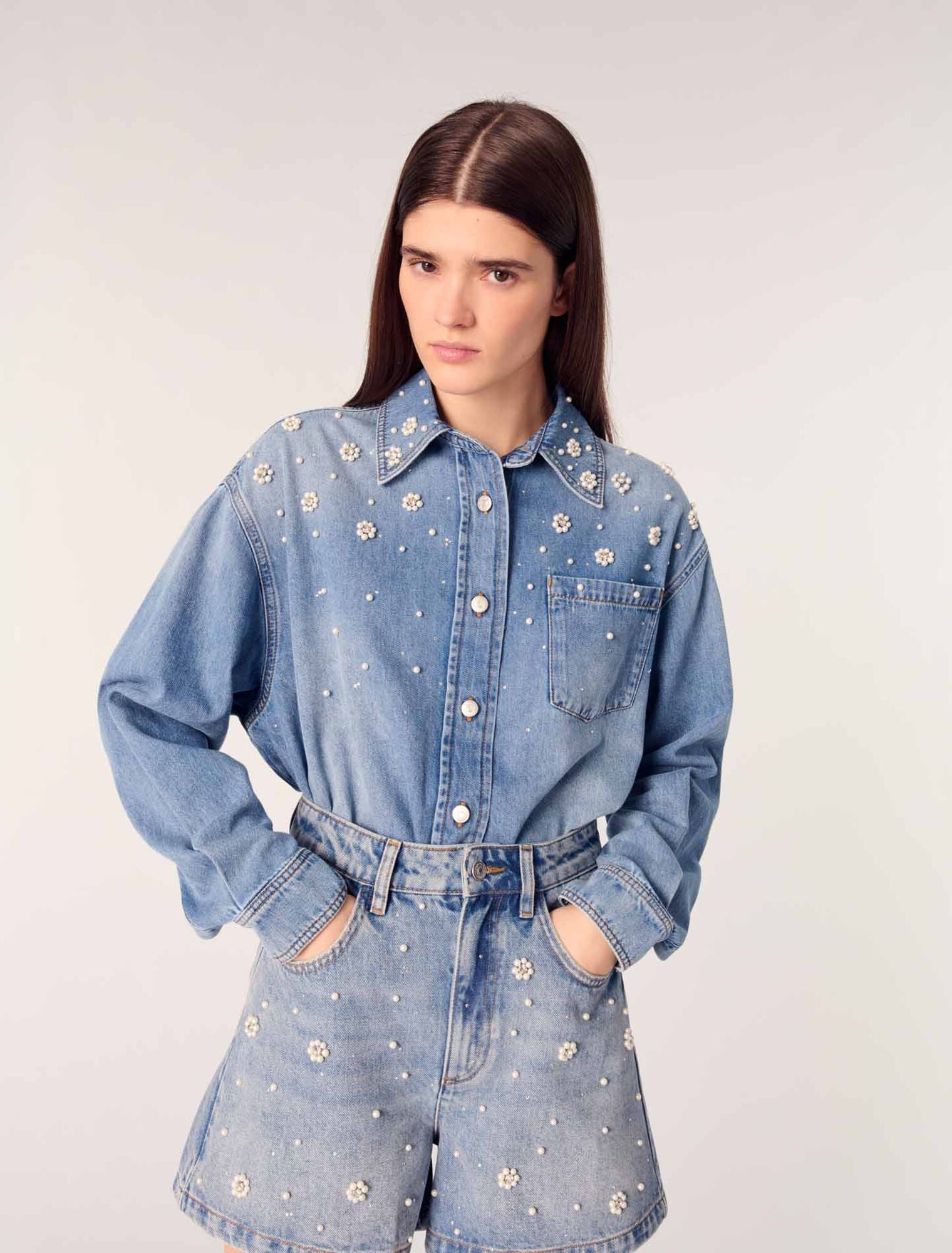 Blue-Denim Shorts With Embroidered Beads