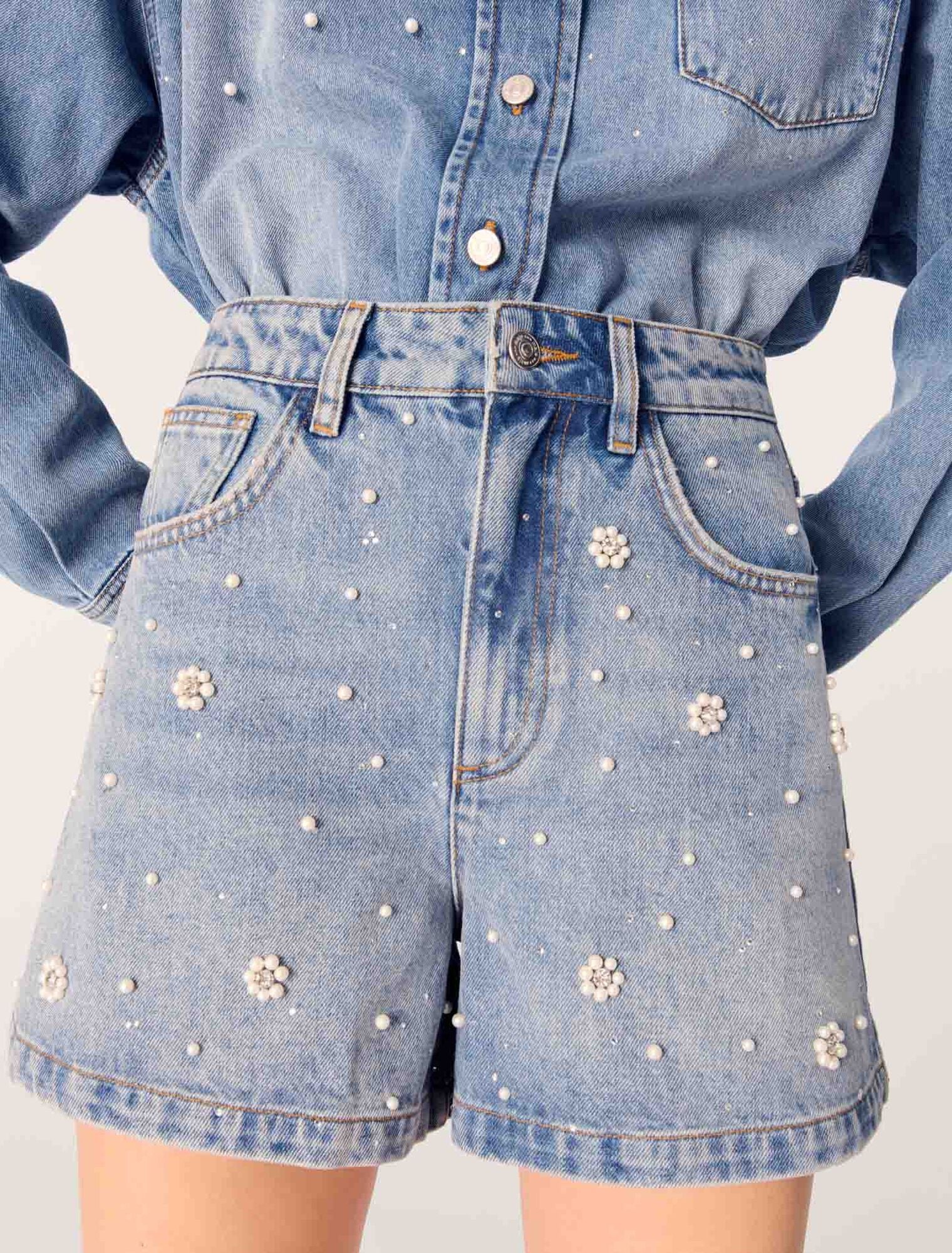 Blue-Denim Shorts With Embroidered Beads