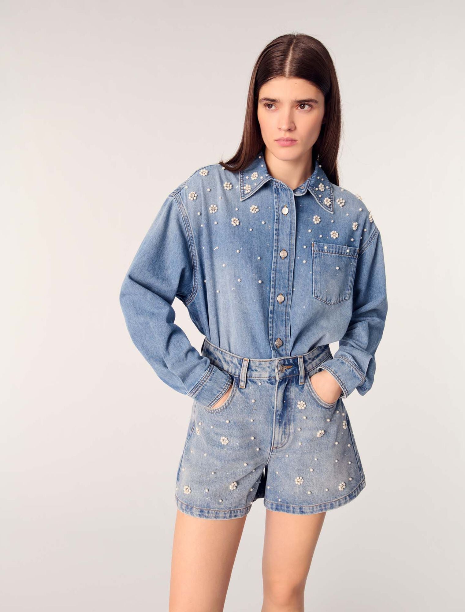 Blue-Denim Shorts With Embroidered Beads