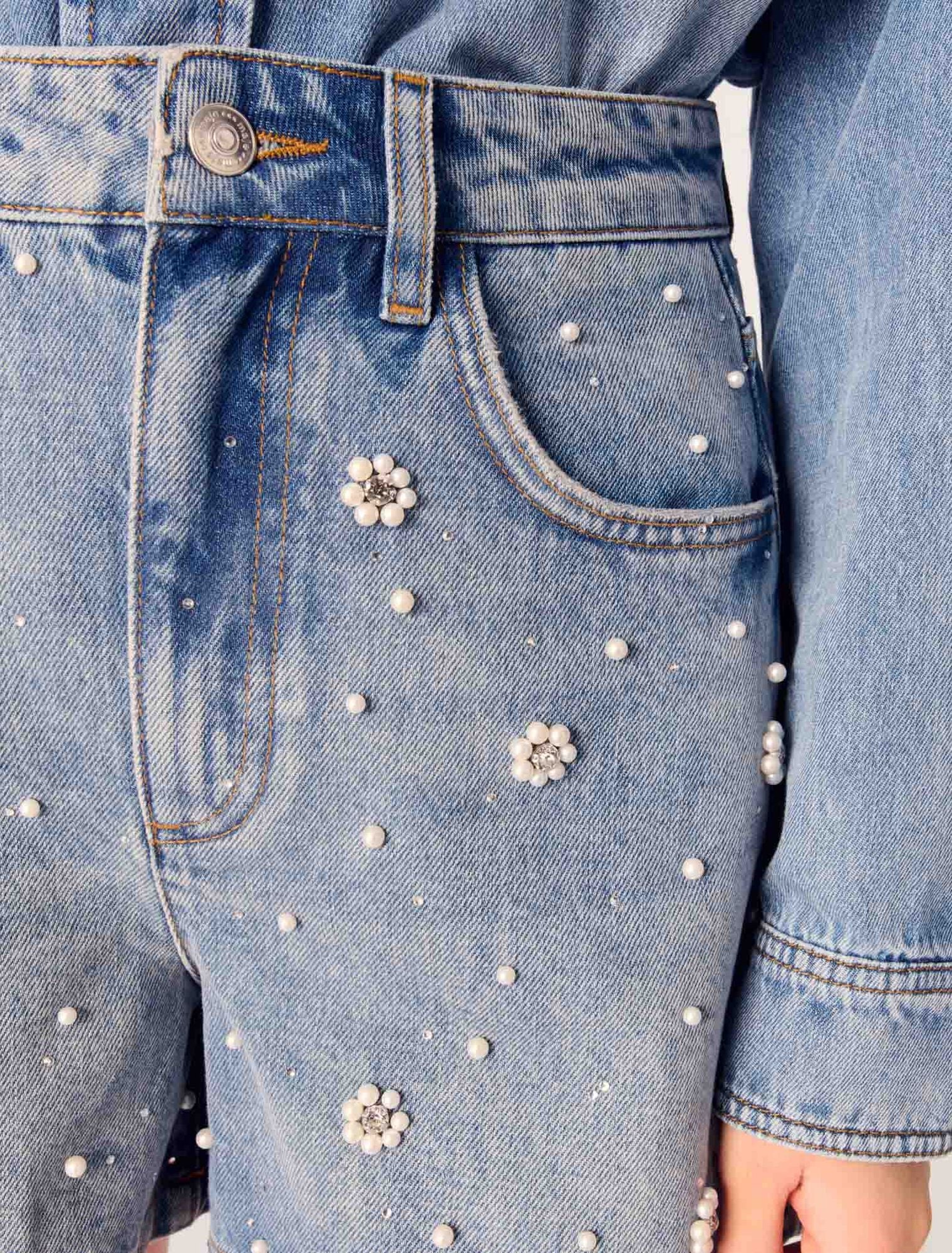 Blue-Denim Shorts With Embroidered Beads