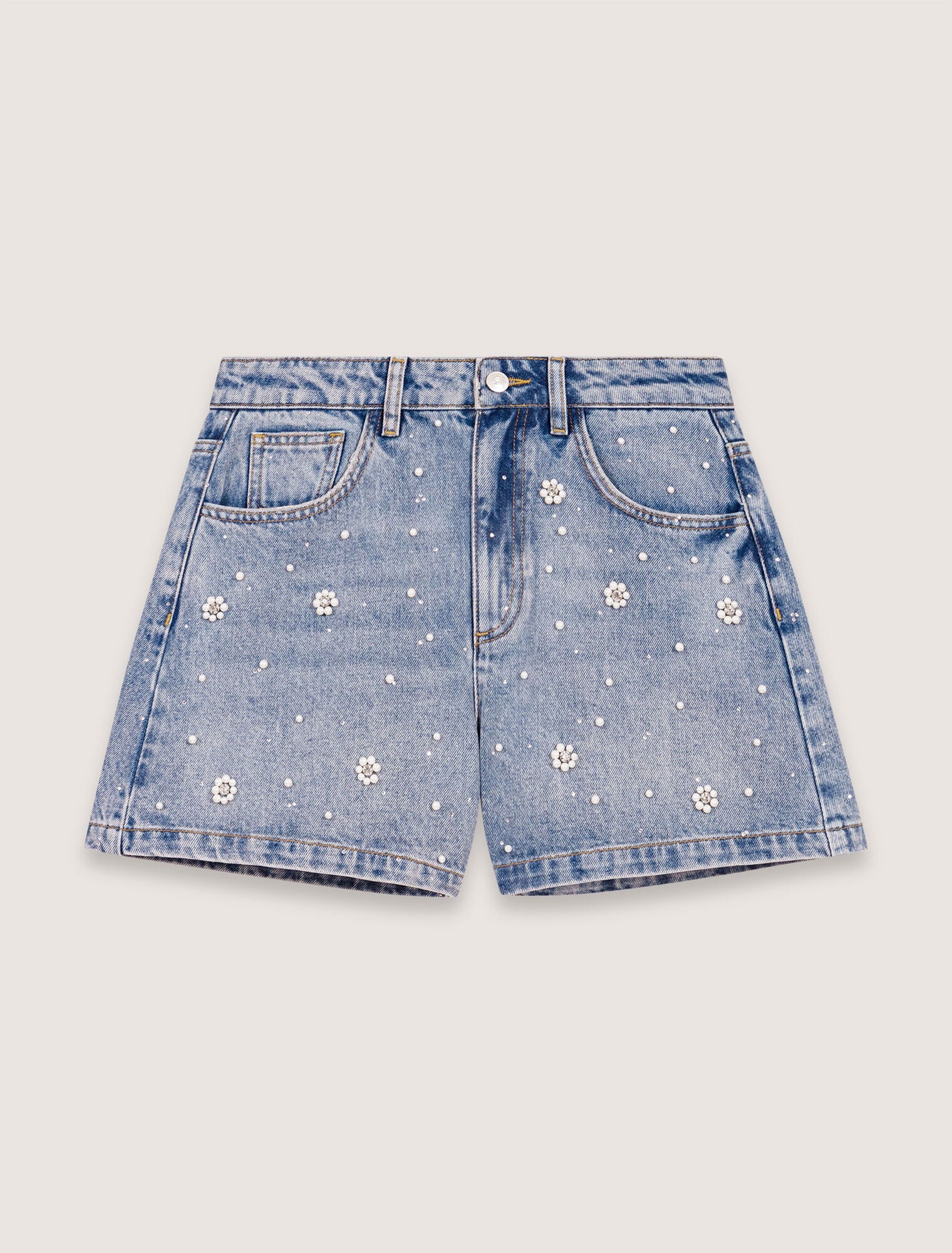 Blue-Denim Shorts With Embroidered Beads