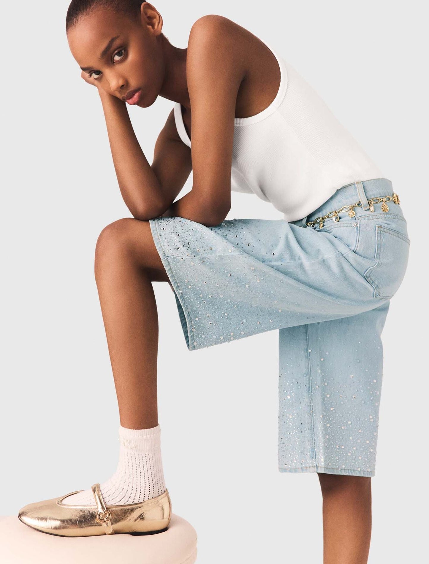 Rhinestone Bermuda Shorts Blue Sky