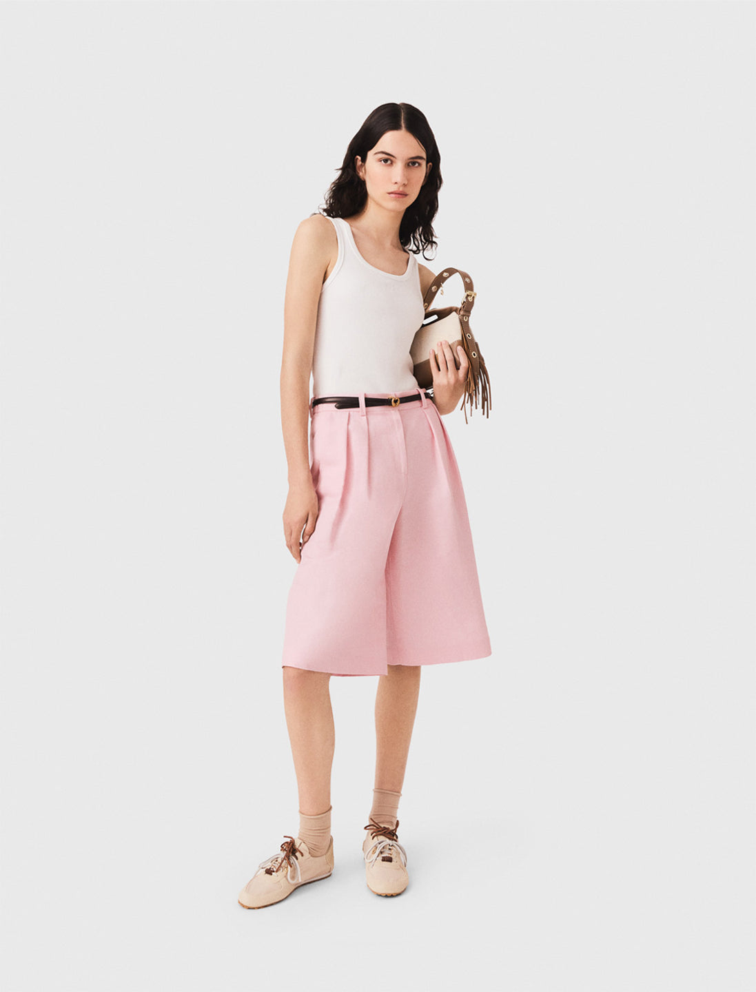Pleated linen blend Bermuda shorts Pink