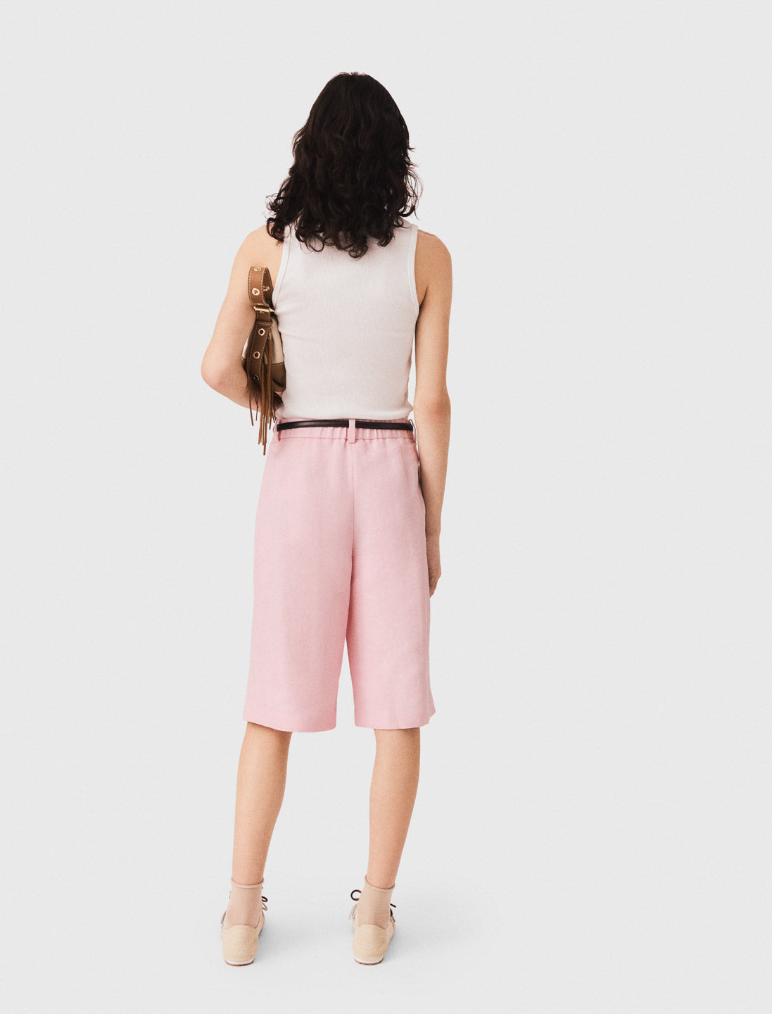 Pleated linen blend Bermuda shorts Pink