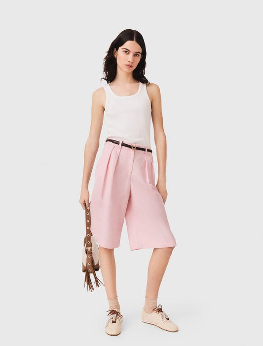 Pleated linen blend Bermuda shorts Pink