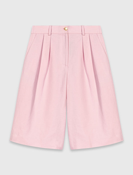 Pleated linen blend Bermuda shorts Pink