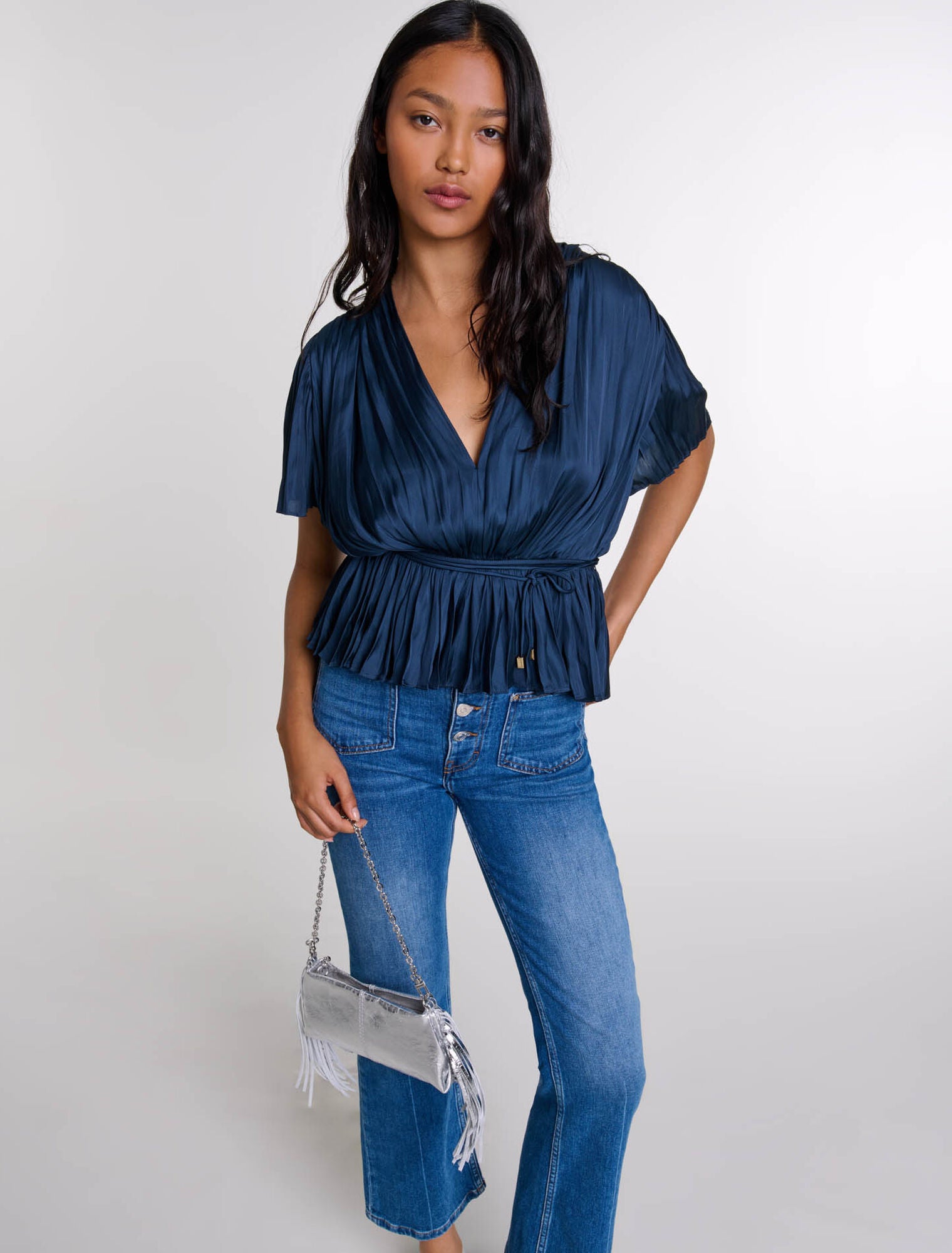 Navy-Pleated short-sleeved top