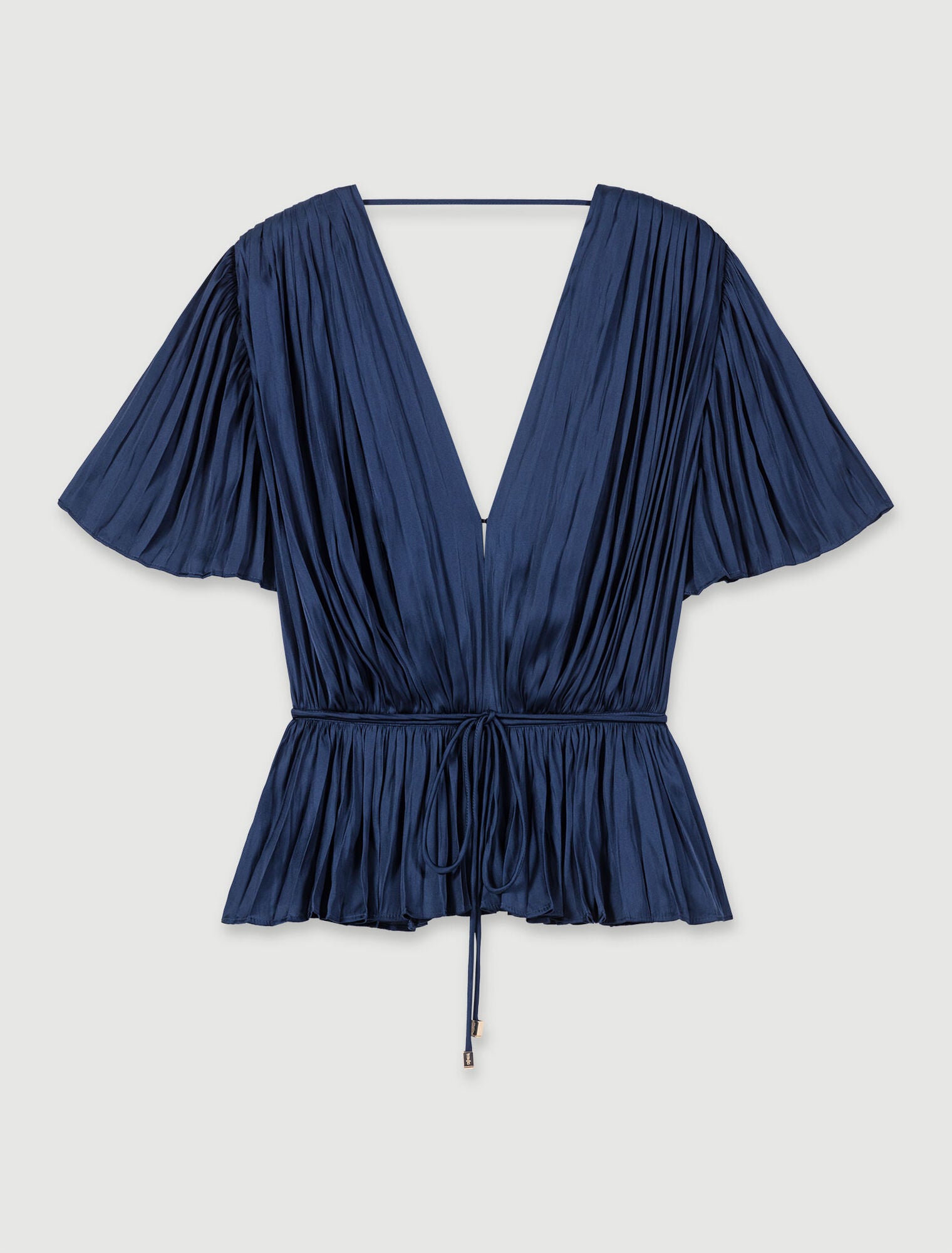 Navy-Pleated short-sleeved top