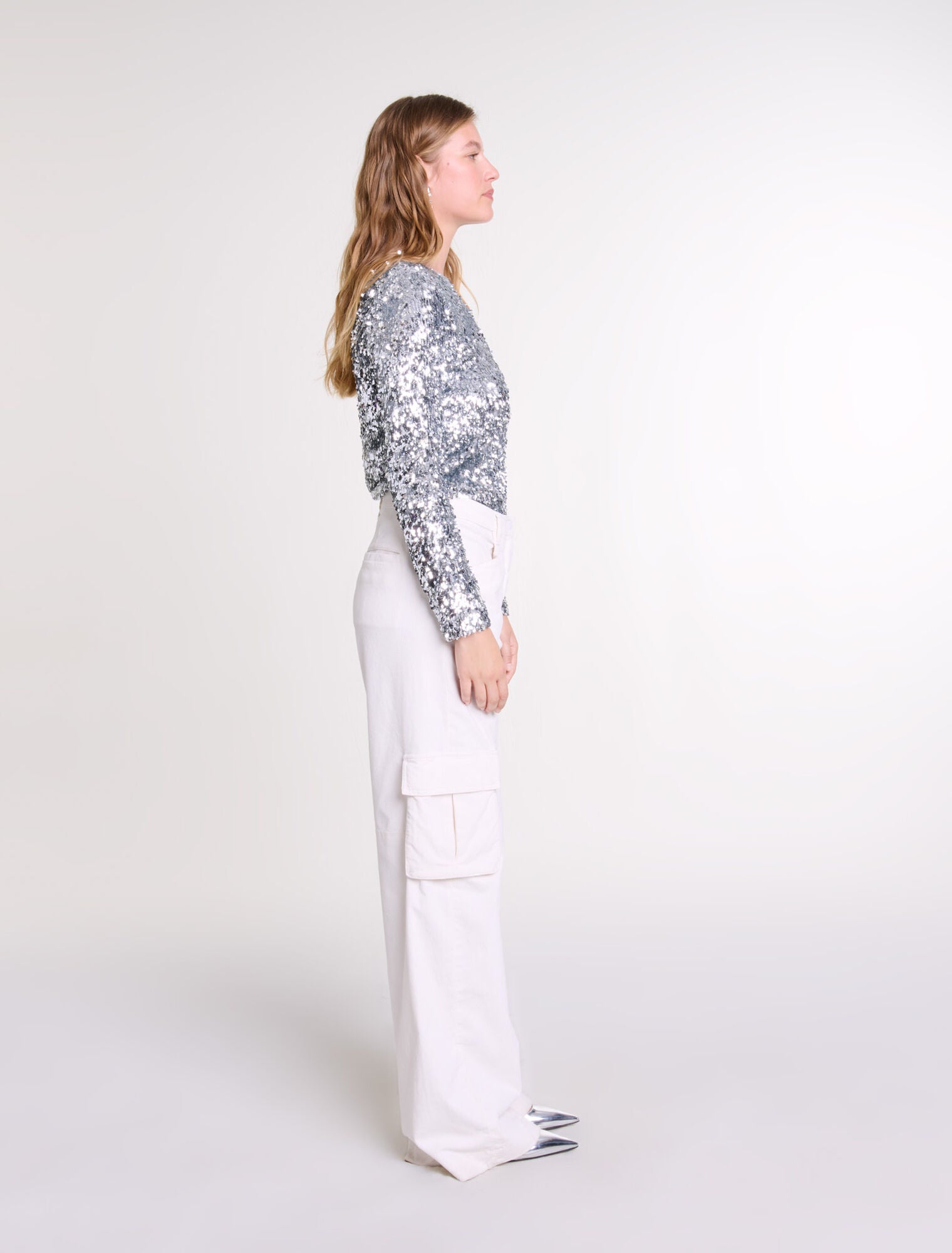 Silver Long-sleeved sequinned top