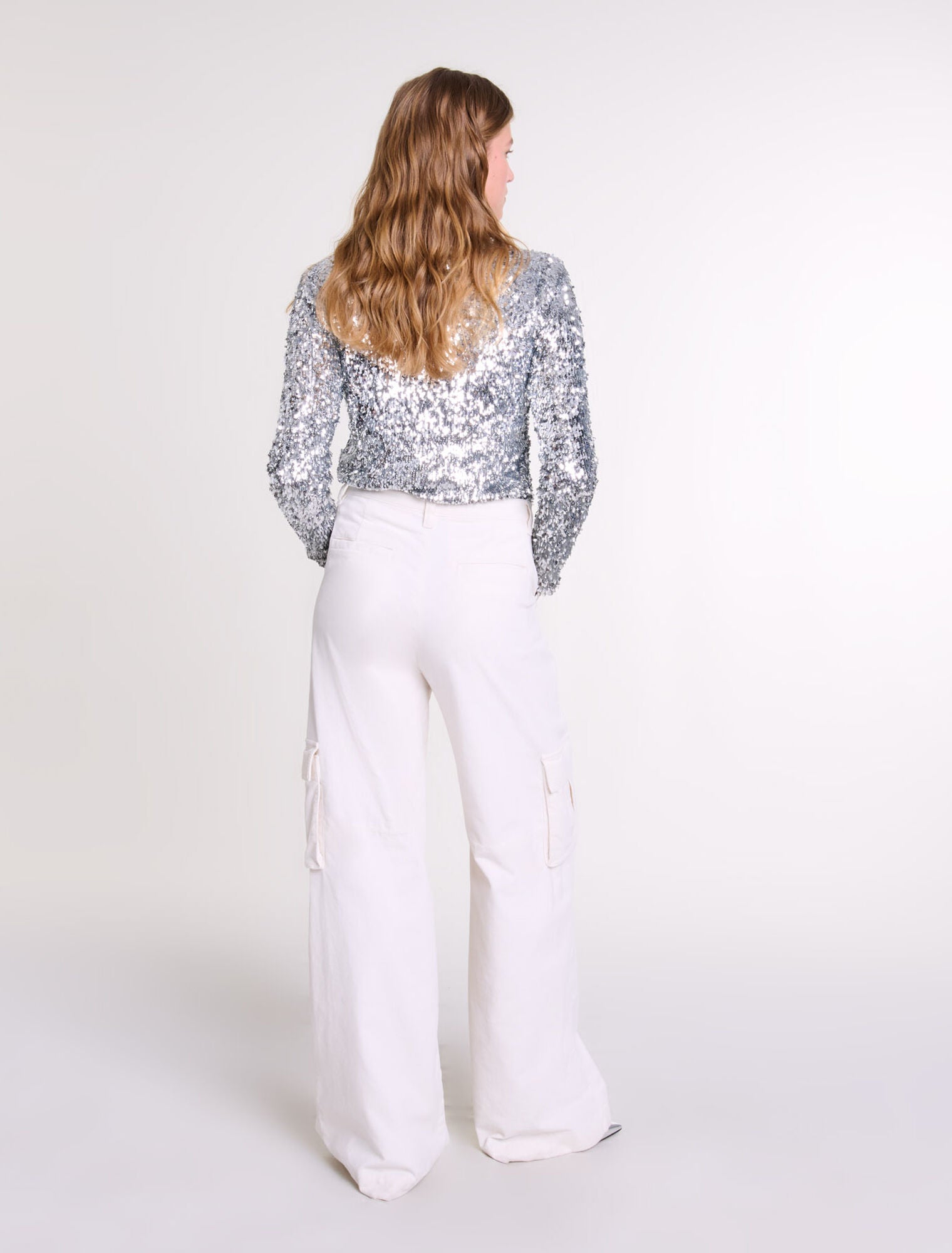 Silver Long-sleeved sequinned top