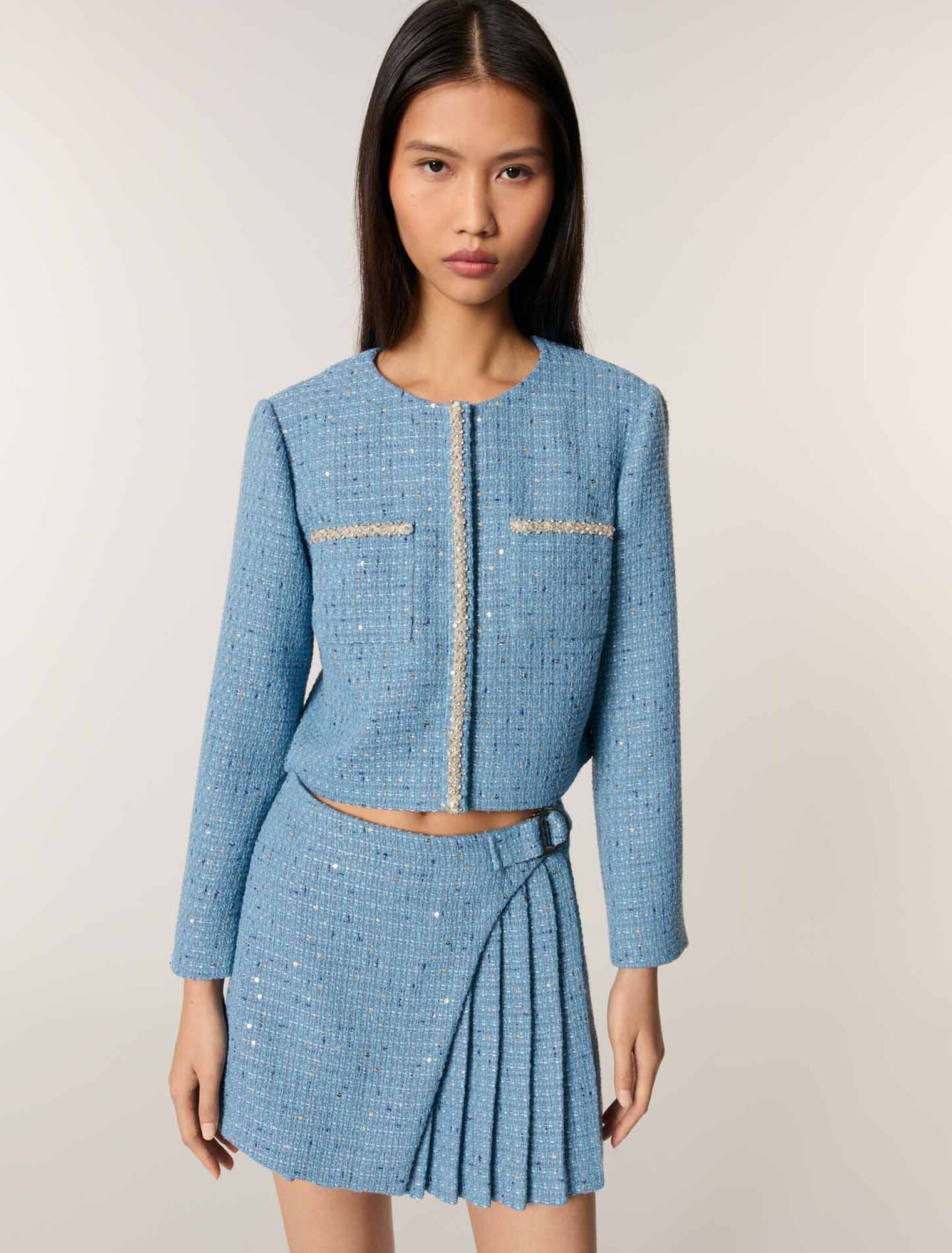 Blue Short sequin tweed jacket