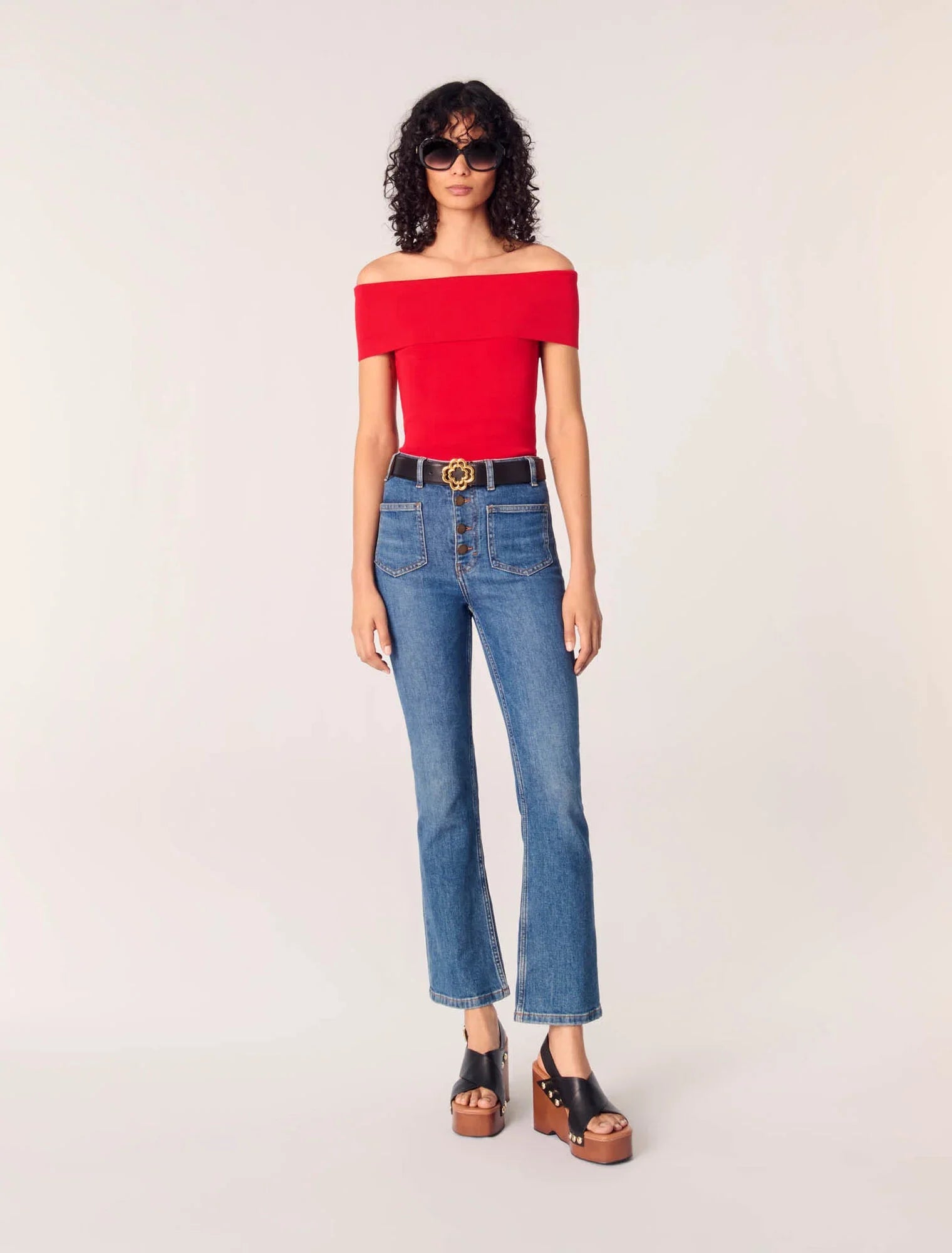 Red-featured-Rib Knit Bardot-Neck Top