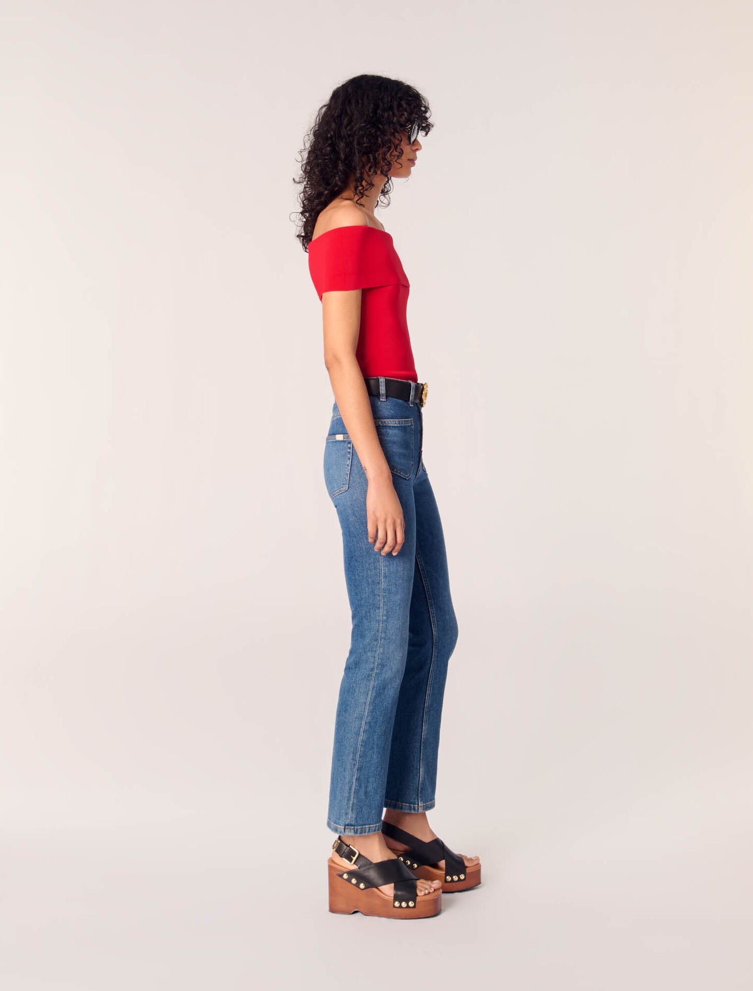 Red-Rib Knit Bardot-Neck Top