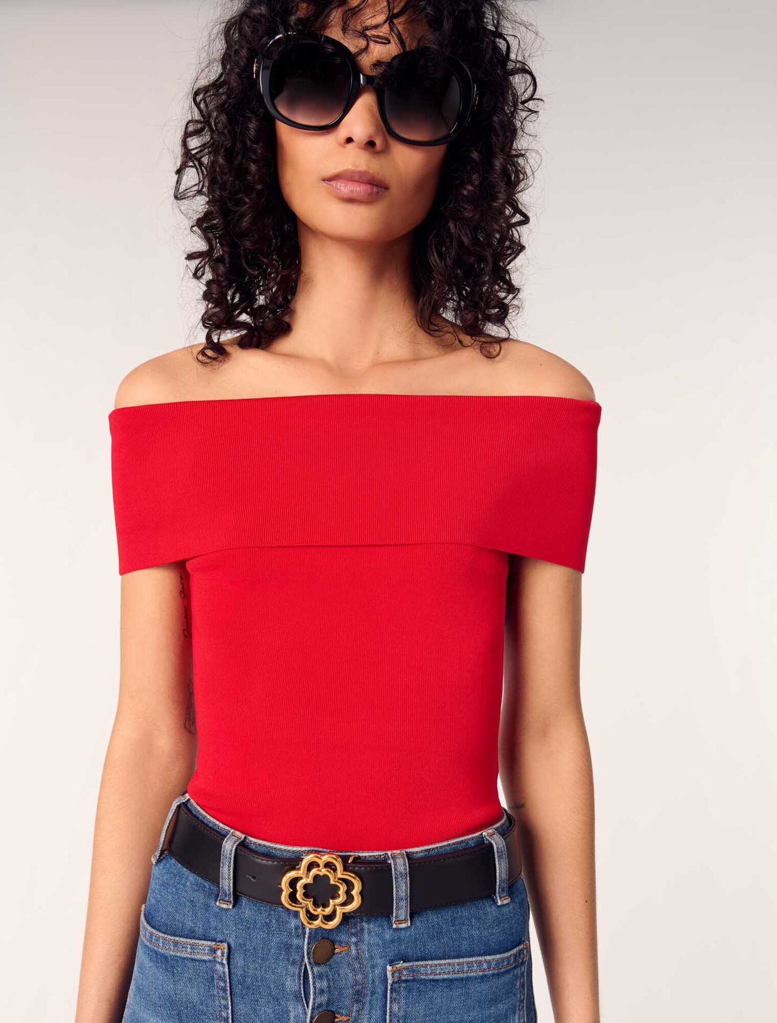 Red-Rib Knit Bardot-Neck Top