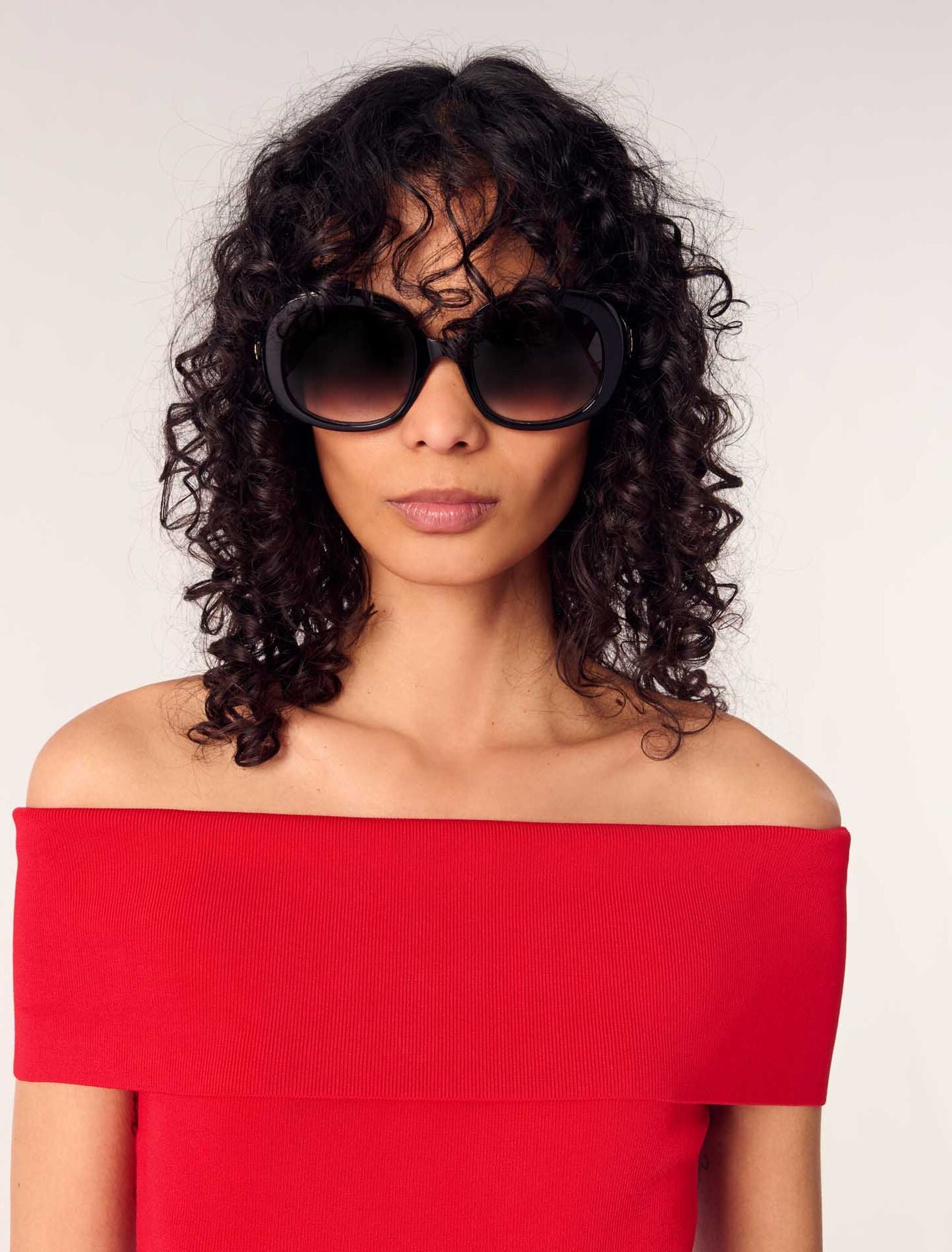Red-Rib Knit Bardot-Neck Top