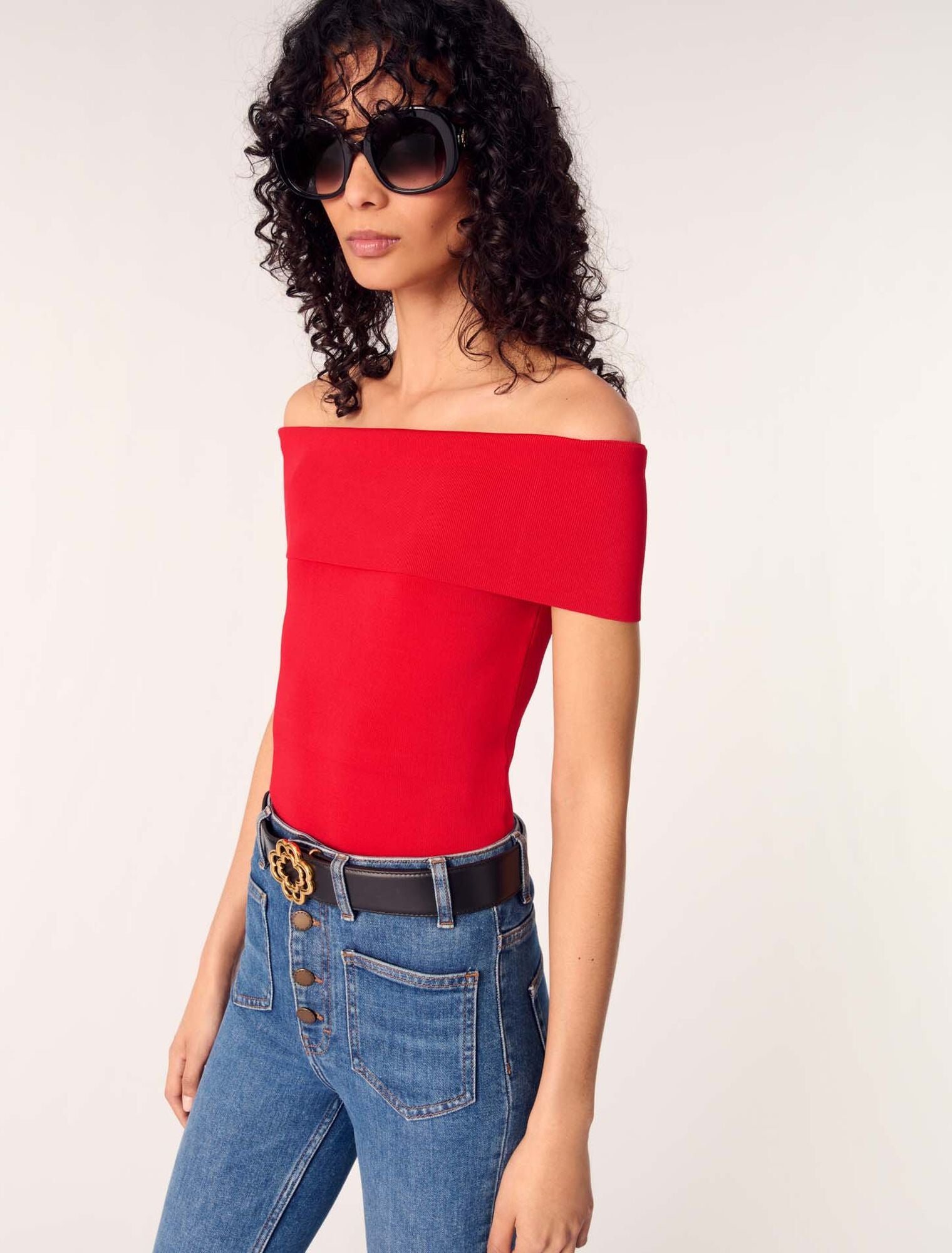 Red-Rib Knit Bardot-Neck Top