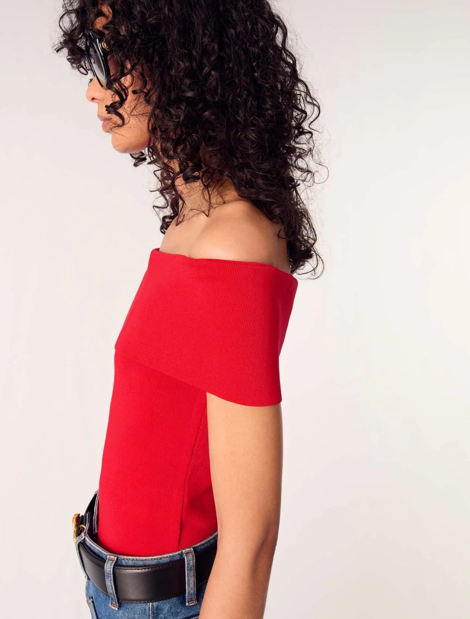 Red-Rib Knit Bardot-Neck Top