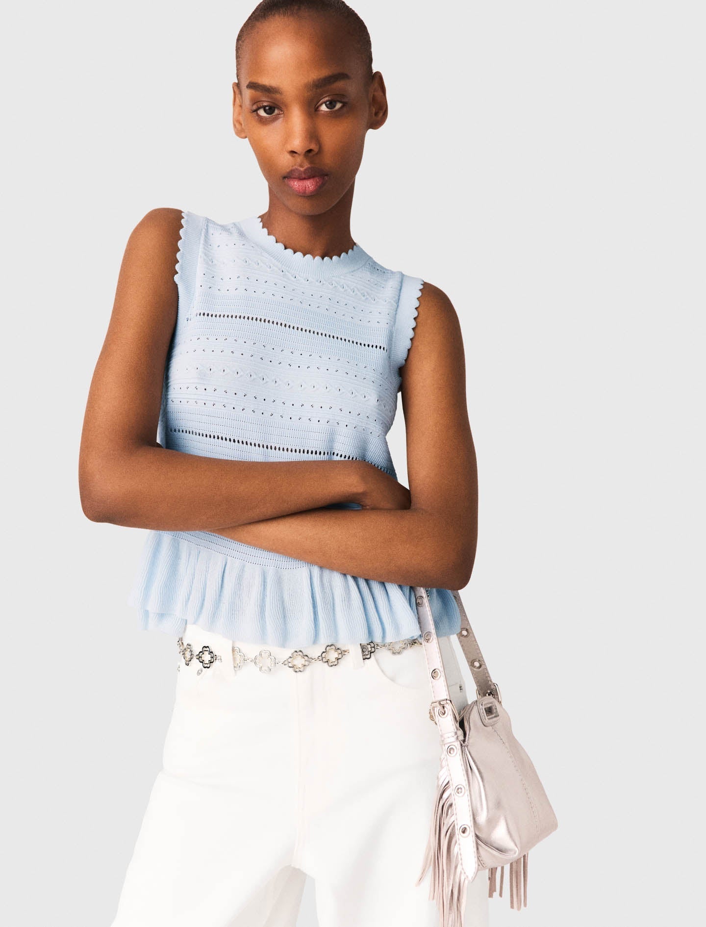 Ruffled Knit Top BLUE SKY