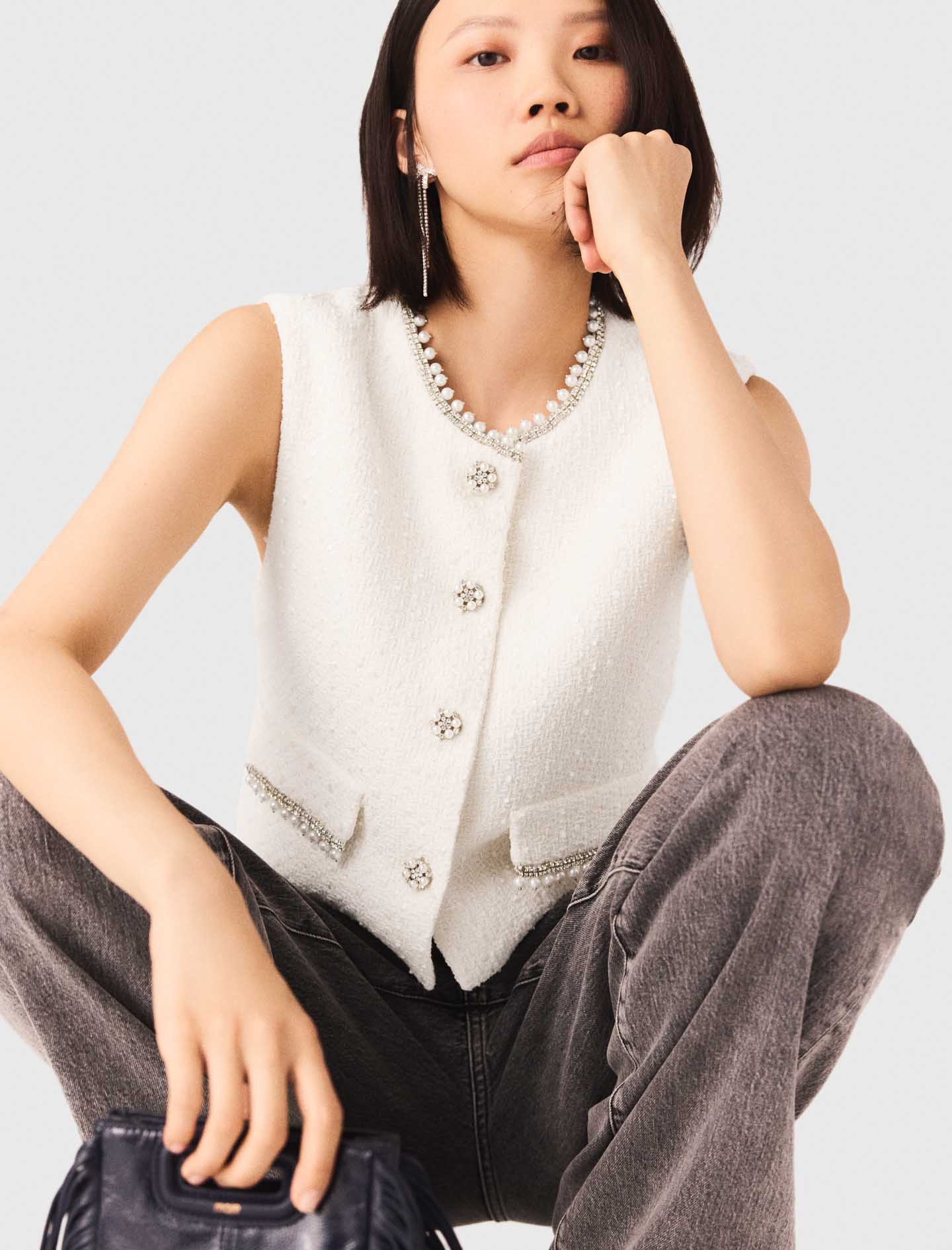 Beaded Tweed Jacket Ecru